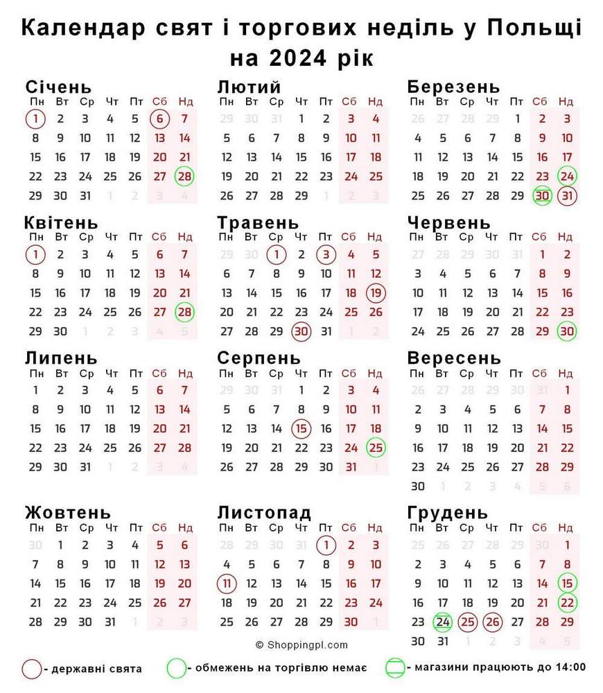 Торгові неділі, державні свята та довгі вікенди у Польщі в 2024 році ...